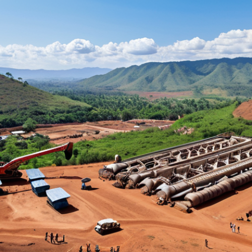 Home 11 A wide, aerial shot of a Malawian landscape in the northern region. In the foreground, modern mining equipment extracts rare earth minerals from the earth. In the background, rolling hills transition into a vibrant, green community showcasing the potential economic benefits for the local people, with a school and market bustling with activity. The sky is a mix of clear blue and distant clouds, symbolizing a hopeful future.