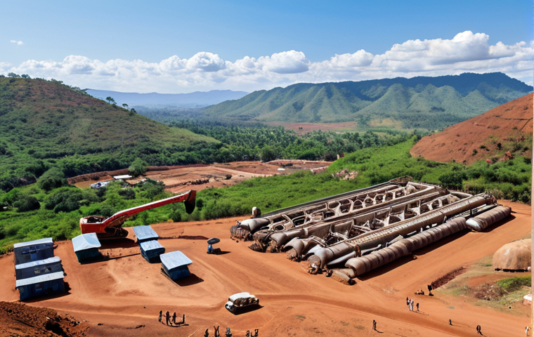 A wide, aerial shot of a Malawian landscape in the northern region. In the foreground, modern mining equipment extracts rare earth minerals from the earth. In the background, rolling hills transition into a vibrant, green community showcasing the potential economic benefits for the local people, with a school and market bustling with activity. The sky is a mix of clear blue and distant clouds, symbolizing a hopeful future.