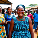 A professional photograph of an adult Malawian woman, radiating a warm, genuine smile. She is fully clothed in a vibrant, modest chitenge dress, showcasing beautiful traditional patterns. She is standing amidst a bustling, sunlit outdoor market in Lilongwe, surrounded by colorful fabric stalls and friendly faces in the background. The scene captures the lively atmosphere and community spirit of Malawi. Professional photography, high resolution, soft natural light, perfect anatomy, correct proportions, well-formed hands, proper finger count, natural pose, family-friendly, safe for work, appropriate content.