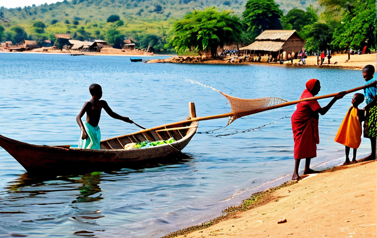 Life on Lake Malawi**
"A vibrant lakeshore village scene on Lake Malawi, featuring local fishermen in modest clothing casting nets from traditional wooden boats, fully clothed, appropriate attire. In the background, women in colorful fabrics are washing clothes and collecting water. Children are playing safely near the shore. The scene is bathed in the warm light of the late afternoon. safe for work, family-friendly, perfect anatomy, correct proportions, natural pose, well-formed hands, proper finger count, natural body proportions, professional photography, high quality"
**