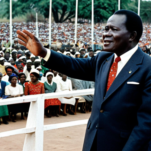 Home 26 Hastings Kamuzu Banda Era**
"President Hastings Kamuzu Banda in a formal, fully clothed suit, addressing a crowd in Malawi during an independence celebration, appropriate attire, safe for work, professional setting, perfect anatomy, correct proportions, well-formed hands, natural pose, modest, family-friendly, high-quality photography, historical context, daytime scene, national flag visible, celebrating independence"
**