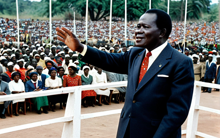 Hastings Kamuzu Banda Era**
"President Hastings Kamuzu Banda in a formal, fully clothed suit, addressing a crowd in Malawi during an independence celebration, appropriate attire, safe for work, professional setting, perfect anatomy, correct proportions, well-formed hands, natural pose, modest, family-friendly, high-quality photography, historical context, daytime scene, national flag visible, celebrating independence"
**