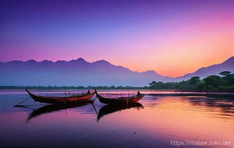 말라위에서의 낚시 문화 - A breathtaking wide-angle shot of Malawi Lake at sunrise. Several traditional, hand-carved wooden fi...