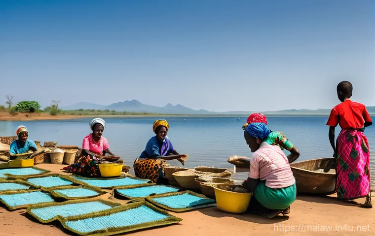말라위에서의 낚시 문화 - An immersive underwater scene in the crystal-clear waters of Malawi Lake. A person, wearing a full s...