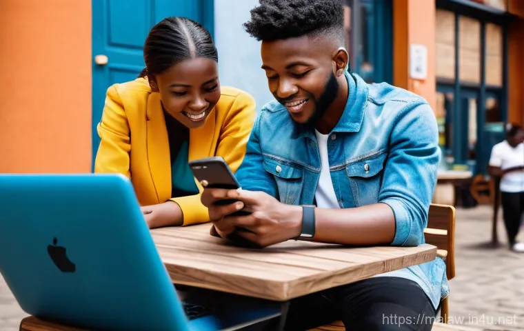 말라위의 IT 산업 발전 가능성 - A vibrant and bustling scene set in a modern Malawian urban or semi-urban environment. Young Malawia...