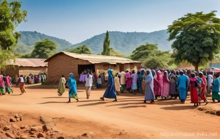말라위에서 기독교와 이슬람교 비교 - **A Vibrant Malawian Village Scene: Peaceful Coexistence**
    A bustling and sun-drenched Malawian ...