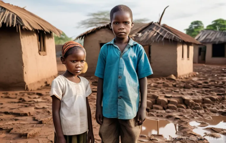 말라위에서 노숙자 및 사회 복지 현황 - **Prompt:** A somber yet resilient scene in a rural Malawian village, devastated by climate change. ...