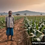 말라위의 기후변화 영향 - A poignant, wide-angle photograph capturing a Malawian subsistence farmer, dressed in humble but cle...
