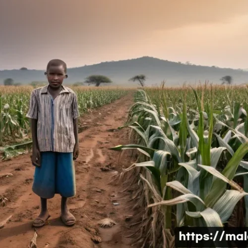 말라위의 기후변화 영향 - A poignant, wide-angle photograph capturing a Malawian subsistence farmer, dressed in humble but cle...