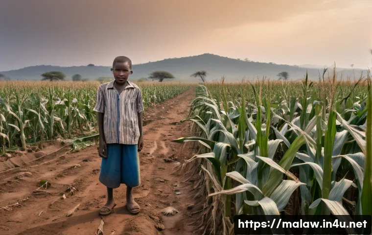 말라위의 기후변화 영향 - A poignant, wide-angle photograph capturing a Malawian subsistence farmer, dressed in humble but cle...
